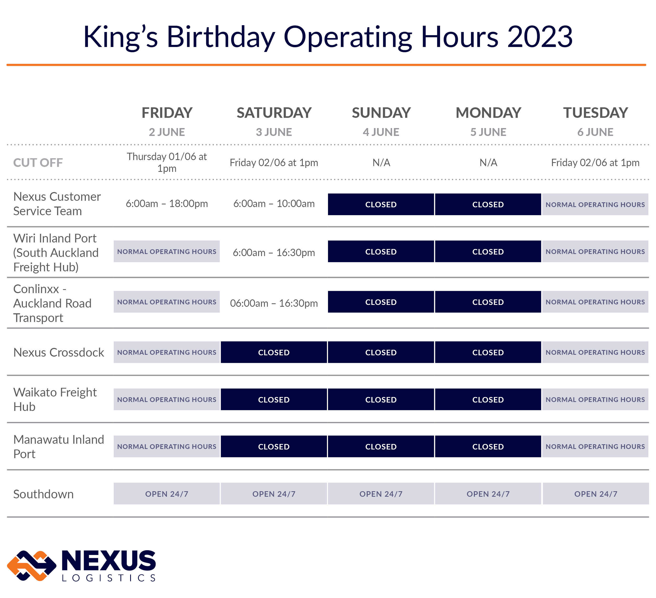 King's birthday operating hours 2023